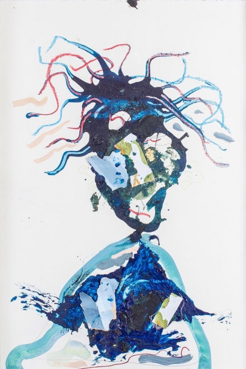 Father Pablo Ramires by Leroy Miranda Jr. | Mixed media assemblage using oil and acrylic paint and found objects on archival paper. Framed with Father Pablo Ramires